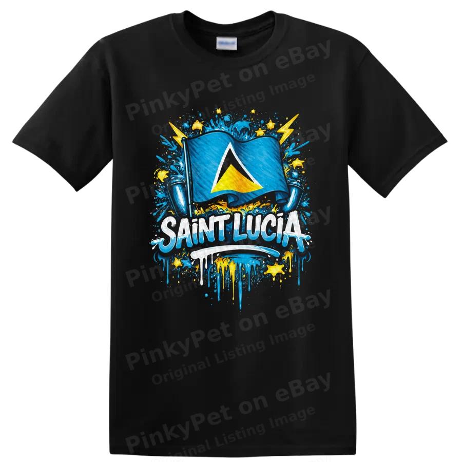 Saint Lucia Flag T Shirt Caribbean Island Pride w/ Blue Yellow Graphic Art Tee