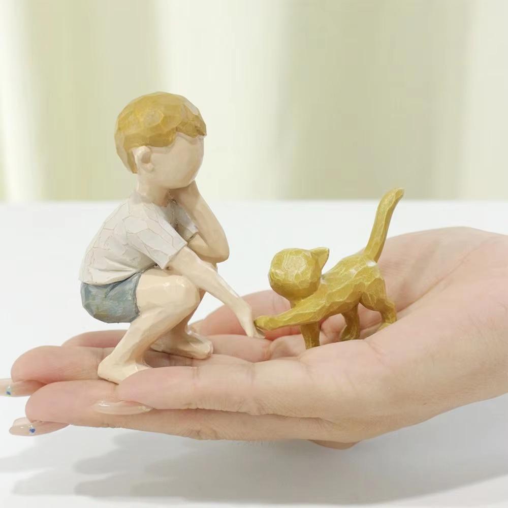 2Pcs/set Resin Crafts Boy Cat Figurines Hand-Painted Hand Carving Sculpture  Desktop