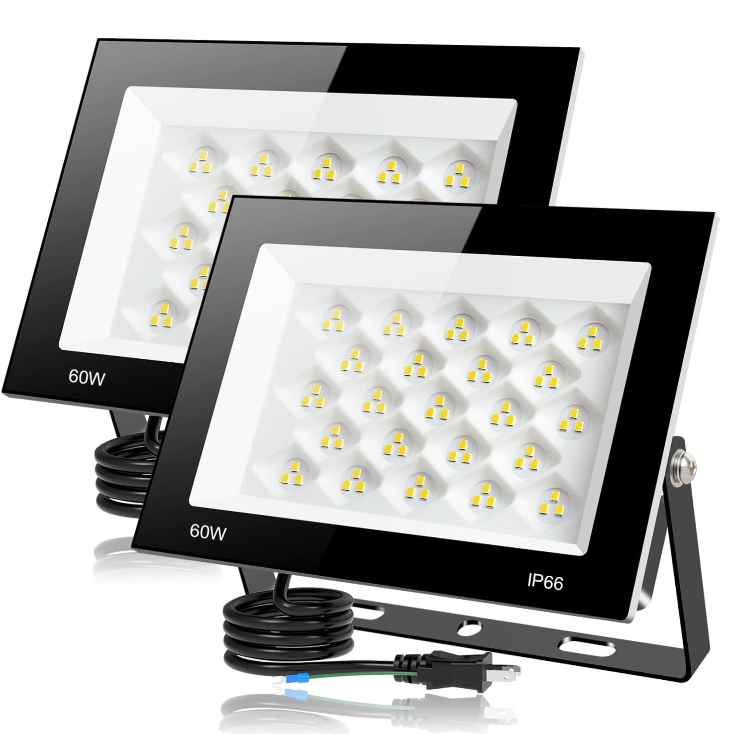 

[Set of 2] 60W 8000LM Daylight LED Floodlight, IP66 Waterproof, Heavy Rainproof, Work Light, 100V Compatible, Grounded Plug, PSE Certified, High