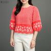 ZANZEA Women Casual Round Neck 3/4 Sleeve Loose Plaid Print Blouse