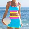 3Pcs/Set Swimsuit Set Padded No Underwire Bra High-Waist Bikini Briefs Set with Overskirt Color-Blocked Wave Pattern Bikini Set