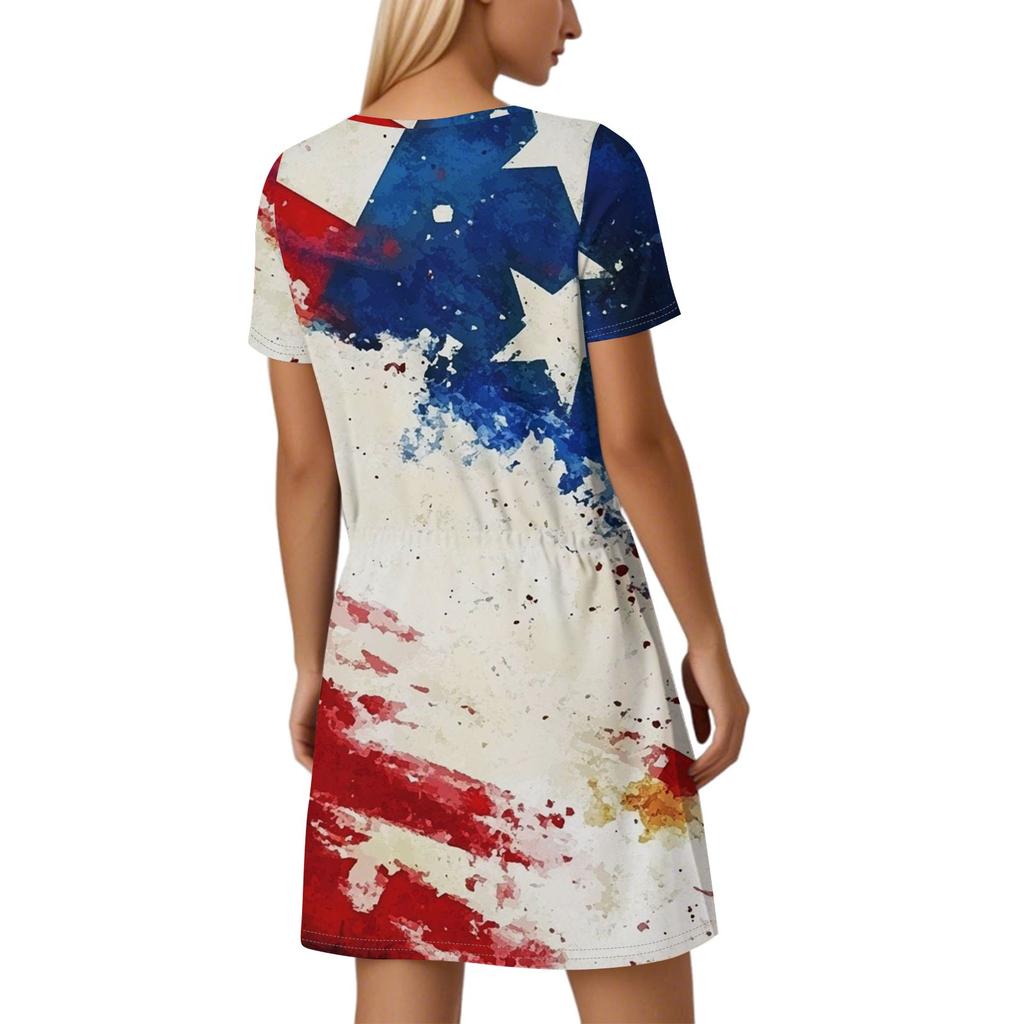 Damskie Casualowe Sukienki z Dekoltem V, Krótkim Rękawem, Sznurkiem i Nadrukiem na Dzień Niepodległości