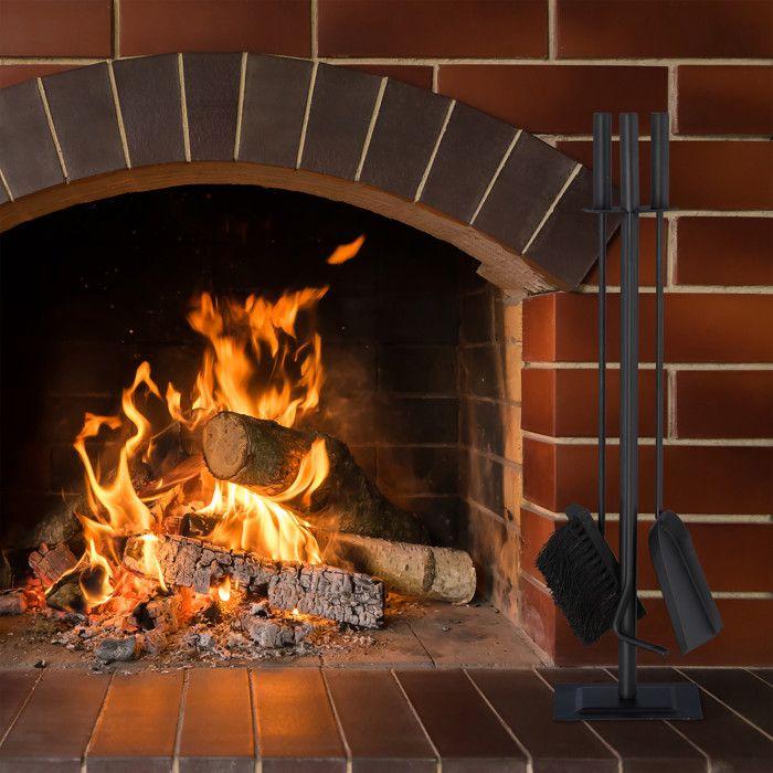 Relaxdays Ensemble serviteur de cheminée 4 pièces acier accessoire pelle balai support tisonnier, noir