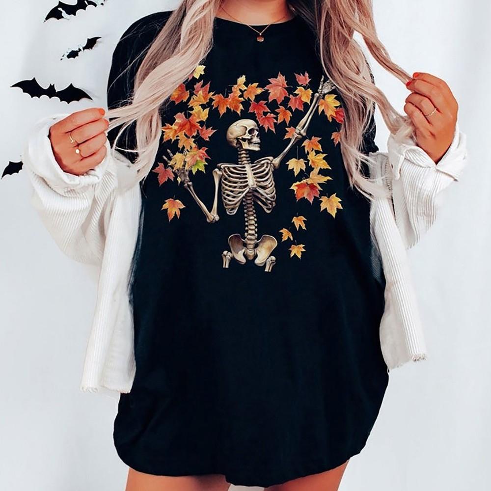 

Skeletone Fall Shirt, Autumn Skeleton Shirt,Fall Skeleton in Autumn Leaves, A... S