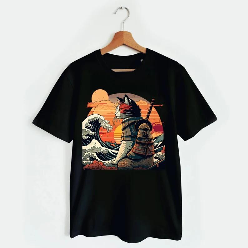 Samurai Cat Japanese Wave TShirt Vintage Ukiyoe Ninja Cat Graphic Tee Retro Sunset Japanese Streetwear Graphic T Shirts S