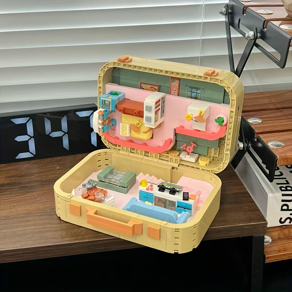 

Suitcase House Building Block Set Flip-Top Design Decorations Durable Abs Material Trendy Desktop Building Block Ornaments Home Living Room Decoration S