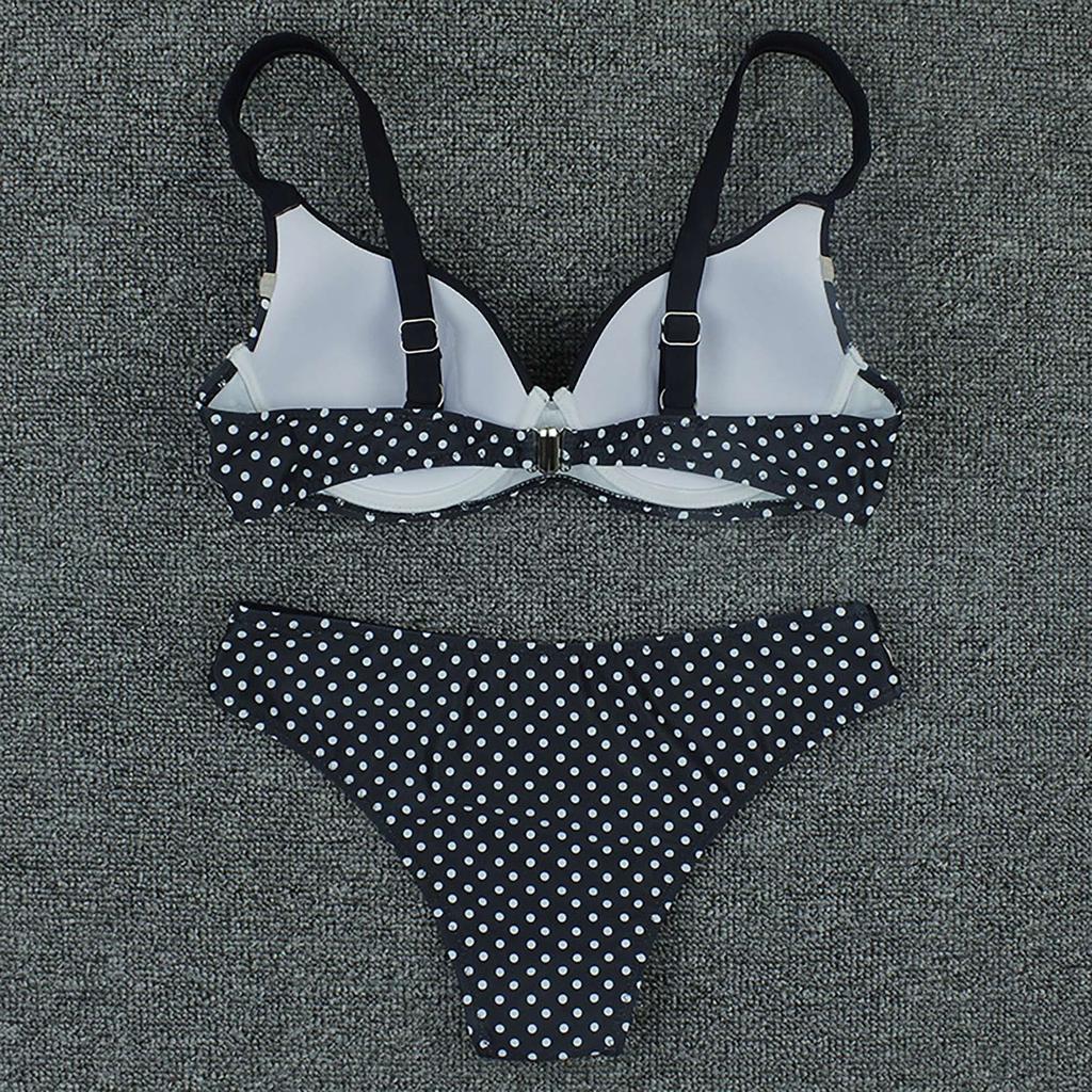 Women Two Piece Bikini Swimsuit Polka Dot Print Backless Design Hard Cup Top and Bottom Set Beachwear Swimwear for Summer