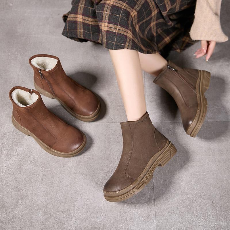 Damen Winterstiefel Echtes Leder Größe 41 42 Seitlicher Reißverschluss Kurze Stiefel Damen Warmes Fell Britischer Stil Rutschfeste Damenstiefel