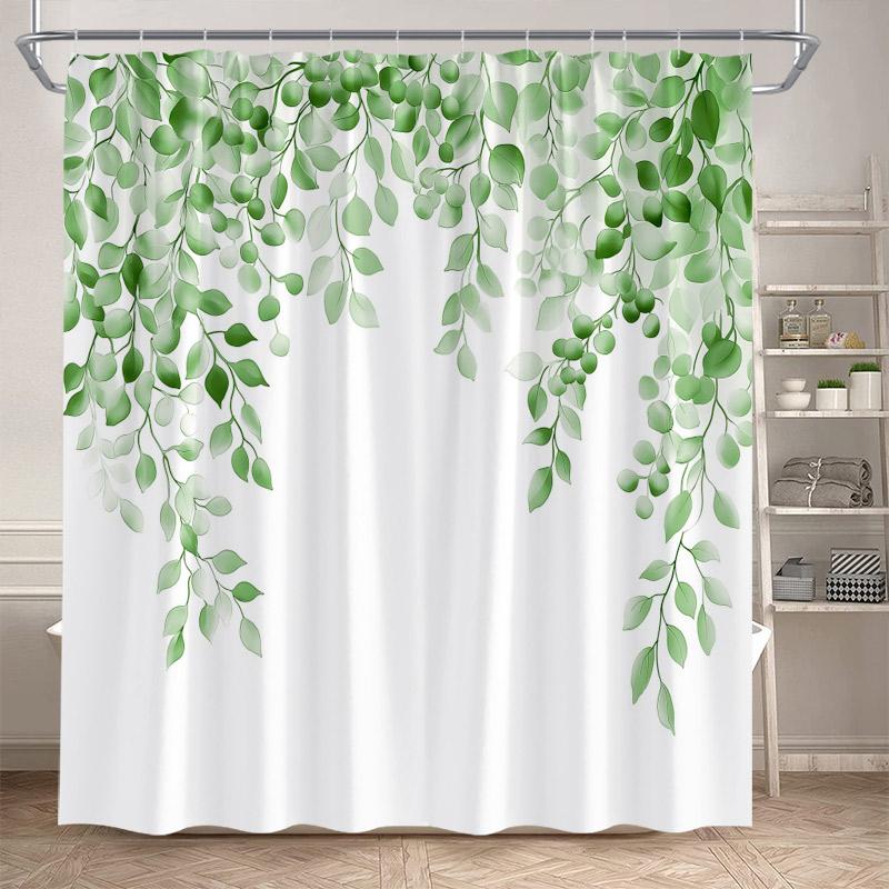 Blue Floral Leaves Shower Curtains Watercolour Eucalyptus Leaf Botanical Bath Curtain Polyester Home Bathroom Decor With Hooks