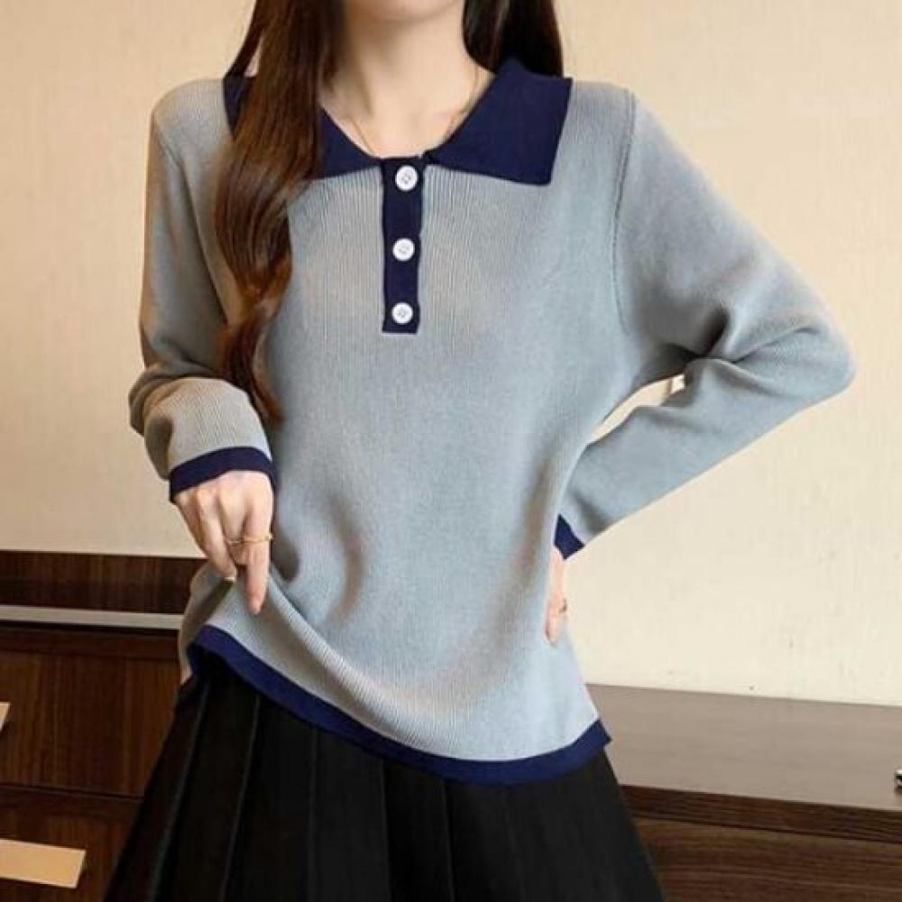 Navava Casual Long Sleeve Collar Knit Tee Nk2423