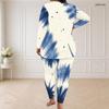 Women Plus Size Round Neck Long Sleeve Printed Blue Beige Longline Top Fitted Pants Two Piece Set