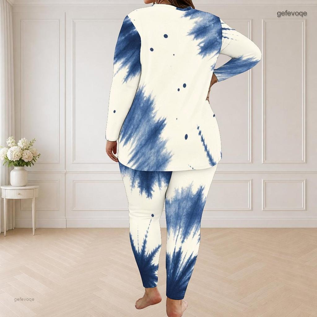 Women Plus Size Round Neck Long Sleeve Printed Blue Beige Longline Top Fitted Pants Two Piece Set