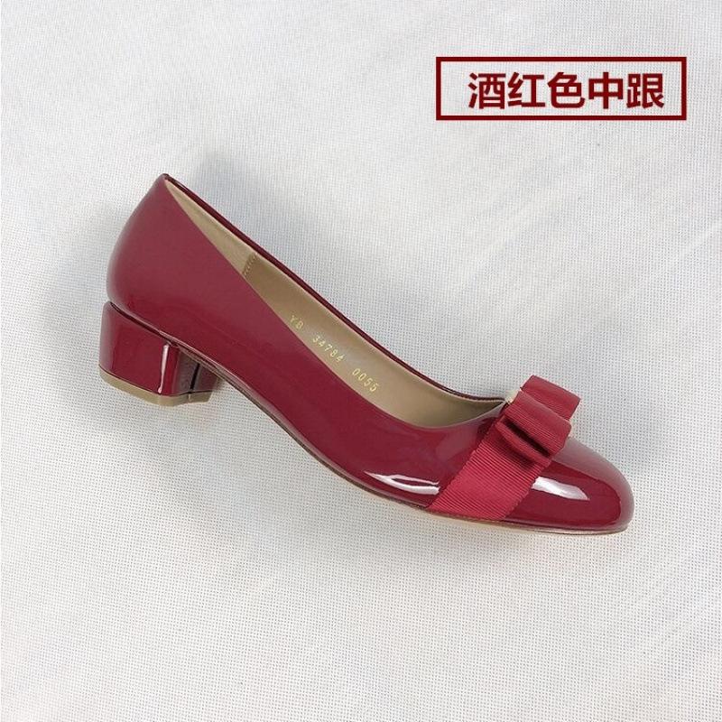 Patent leather leather single shoes bow flat bottom round head shallow mouth new red wedding shoes versatile thick heel medium heel women's shoes