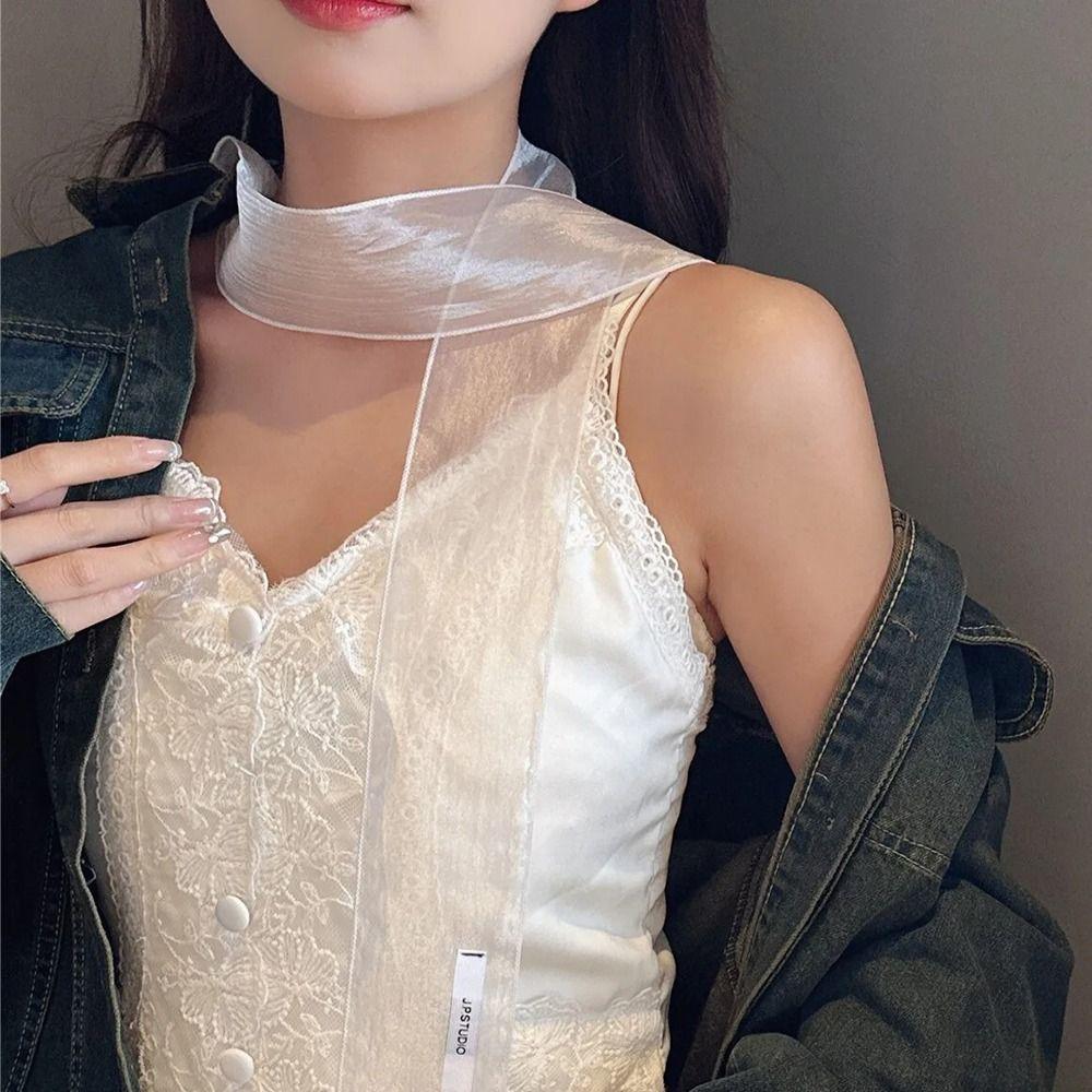 Thin Silk Scarf Pearl Shiny Belt Elegant Long Narrow Scarf  Spring Summer