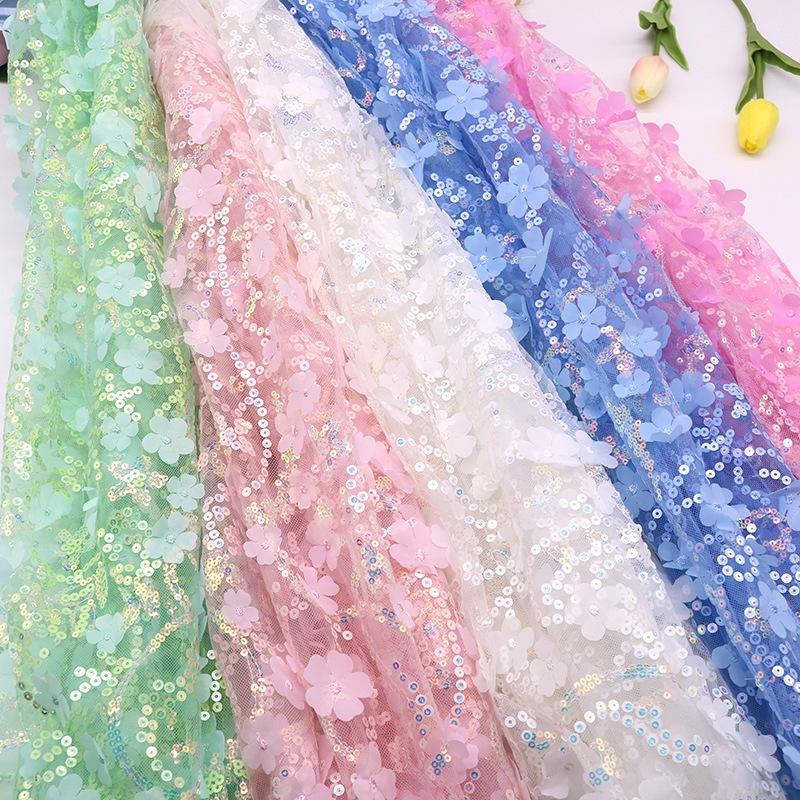 3D Three-Dimensional Sequined Petal Accessories Embroidery White Mesh Mesh Cloth Background Decoration Fashion Stage Clothing Fabric