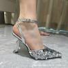 Niche French Rhinestone High Heels Female Stiletto JC Silver Fairy Style Sexy Word Buckle Crystal Sandals Summer Girl