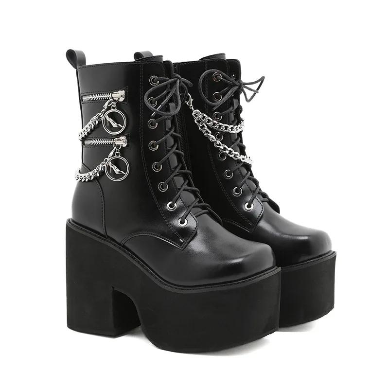 Fashion Black Gothic Motorcycle Boots Zip High Heel Punk Chunky Platform Mid-Calf Women Boots Shoes Women De Mujer Big Size 43