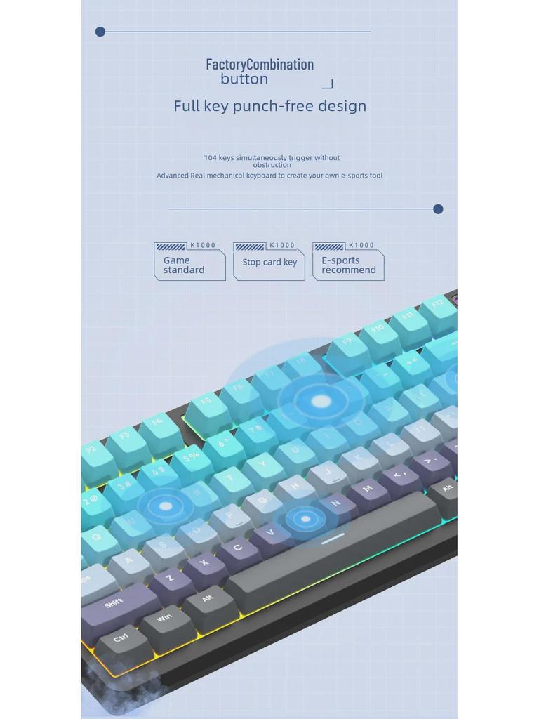Kabellose mechanische Gaming-Tastatur mit 98 Tasten, Bluetooth und drei Modi und anpassbaren Schaltern (Blau, Schwarz, Tee, Rot) und Hot-Swap-fähiges Design.