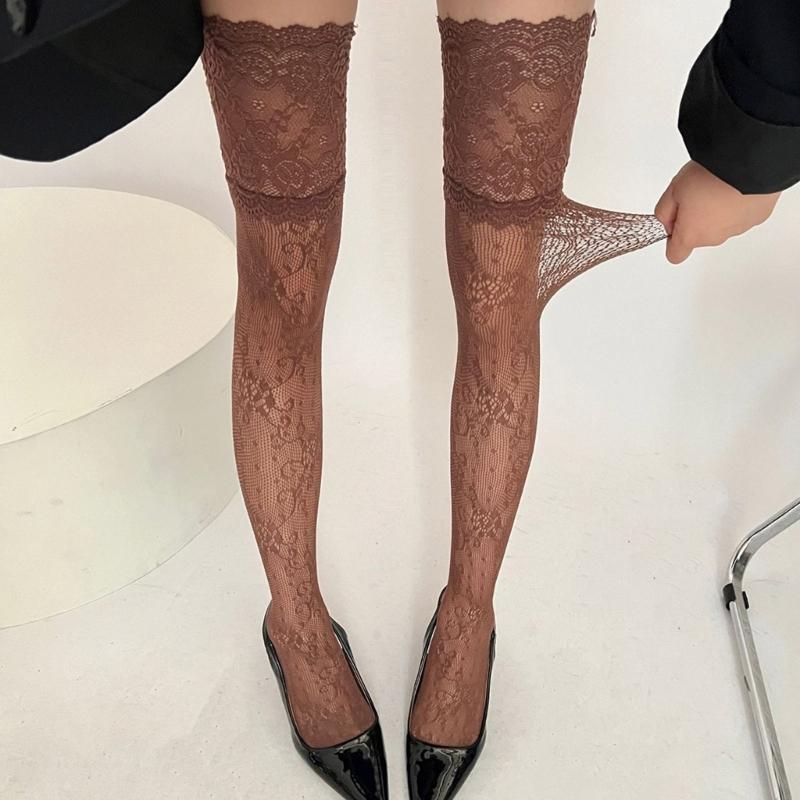 Vintage Colorful Patterned Over Knee Socks Floral Lace Trim Fishnet Mesh Stretchy Nylon Thigh High Stockings For Women