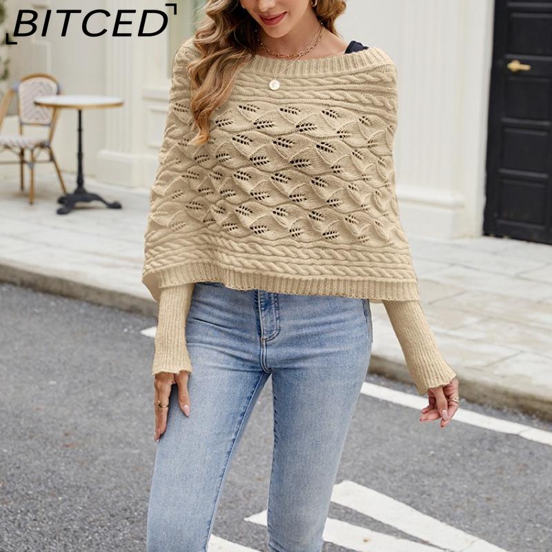 

BITCED Women s Casual Knitted Shawl-Style Outerwear with Batwing Sleeves and Openwork Knit Overlay Long-Sleeved Sweater one size коричневый