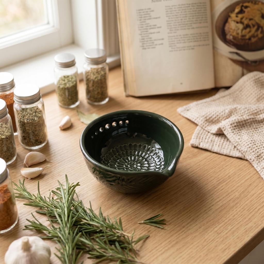 Keramik-Knoblauchreibe-Schale mit Kräutermahlfläche und Ausgießnase für den Küchengebrauch Kräuter- und Gewürzzubereitungswerkzeug