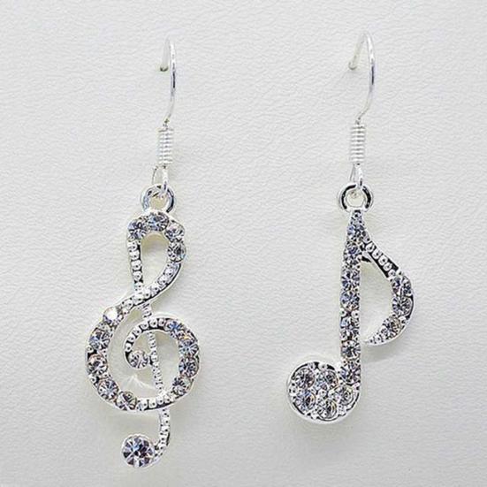 Orecchino a gancio pendente con ciondolo a forma di nota musicale tripla intarsiata con strass da donna