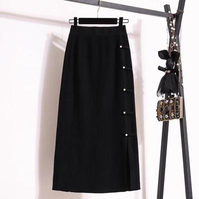 Jupe Midi Trapèze Tricotée Printemps/Automne 2025 avec Fente Bouton Grenouille Rétro - Mode Féminine Tendance