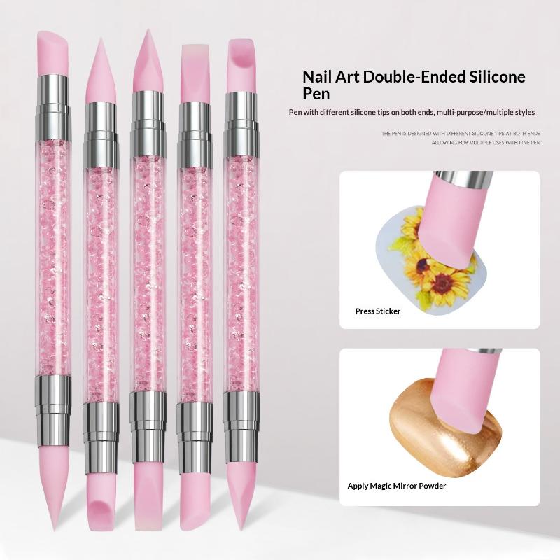 5Pcs/Set Pink Dual Ended Sculpture Pen Manicure Brush Rhinestone Nail Art Silicone Pen 3D Flower Carving Dotting Nail Tool
