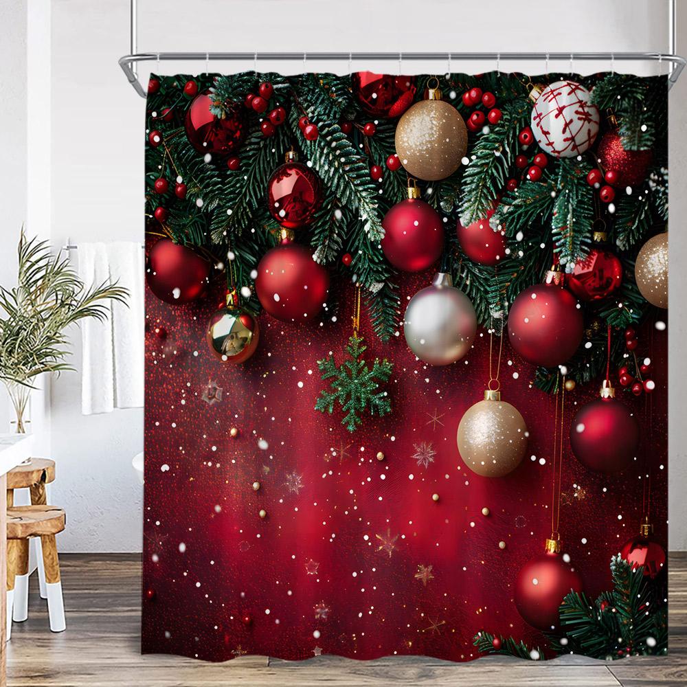 

Chritsmas Shower Curtain Red Silvery Ball Xmas Balls Snowflake Pine Leaves Merry Christmas Winter Polyestert Bath Curtain Decor 90x180cm-35x70in