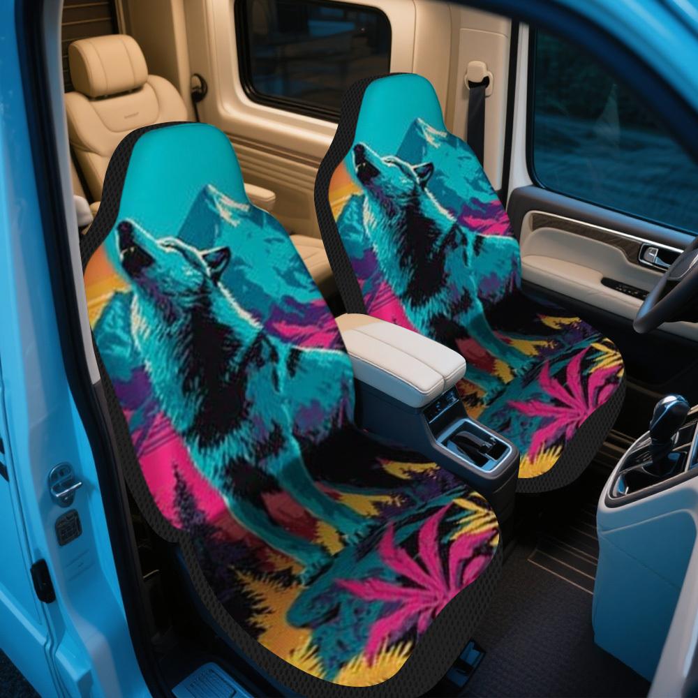 2pcs Retro Wolf Mountain Moon Pattern Car Seat Covers | Universal Fit For Front Seats, Polyester Fiber, Woven, Machine Washable,