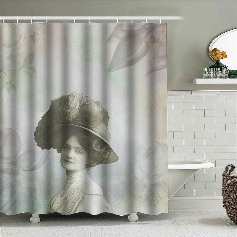 Elegant Vintage Bath Shower Curtain Cream Floral Victorian Woman Design Printed Polyester Waterproof Bathroom Liner With Hook Ri