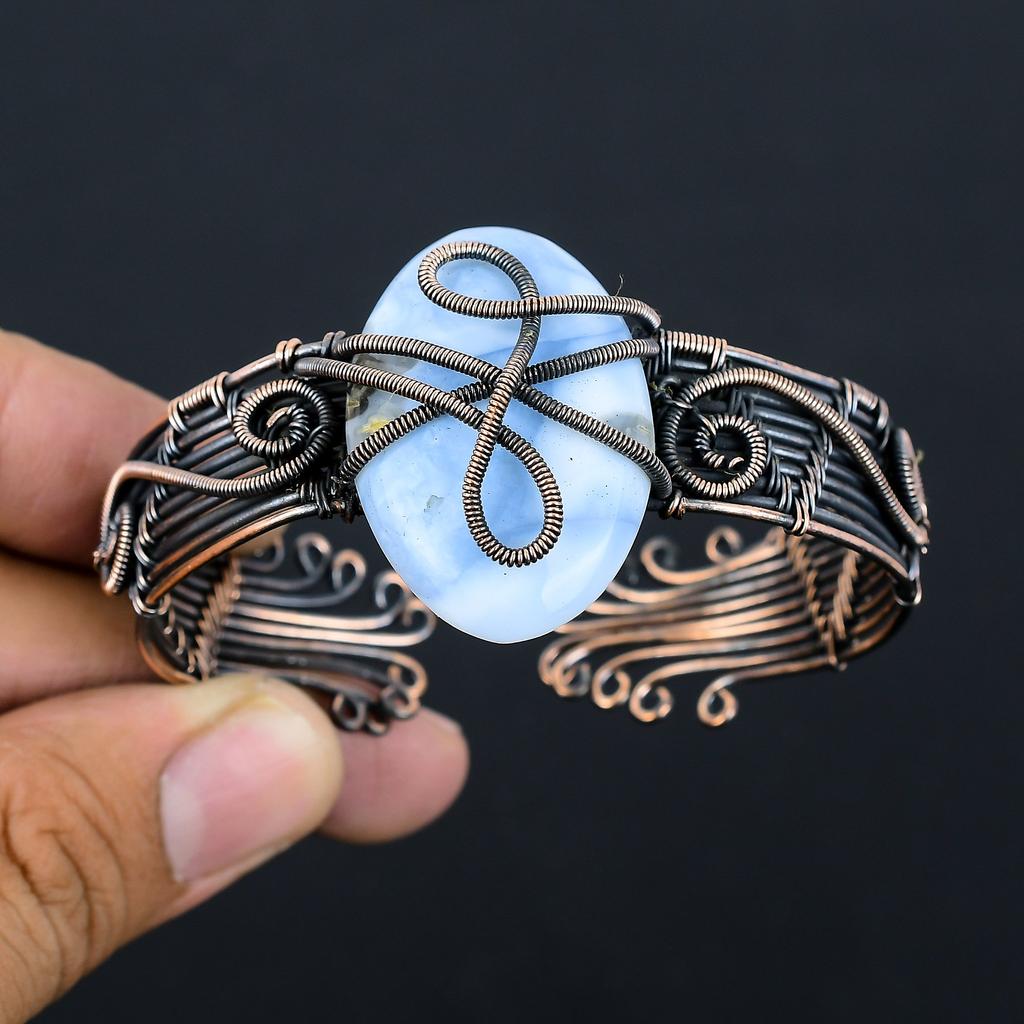 Owhyee Blue Opal Handmade Copper Wire Wrap Bangle Adjustable E6i14