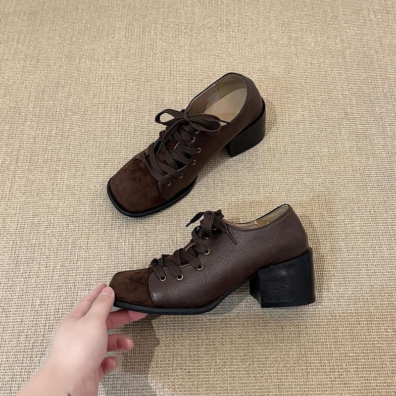 Retro lace-up thick-heeled loafers shoes autumn and winter design sense fashion temperament women's high-heeled Mary Jane single shoes