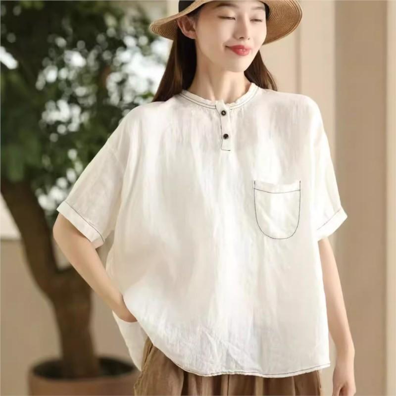 Johnature Women Vintage Patchwork Pockets T-Shirts O-Neck Short Sleeve Solid Color Summer Loose Casual T-Shirts