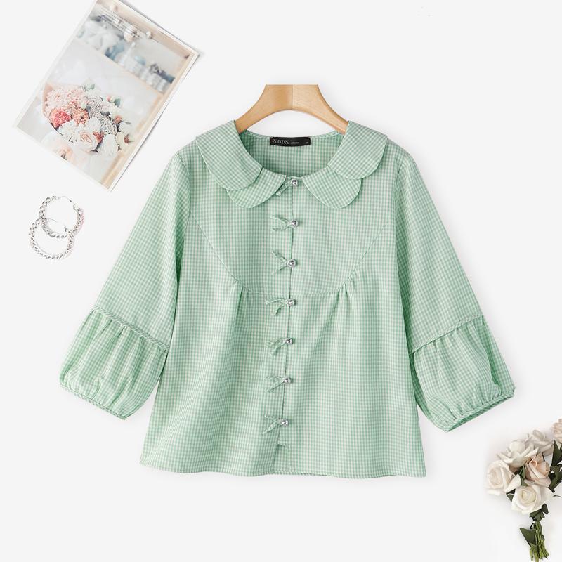 

ZANZEA Women Casual Doll Collar Loose 3/4 Sleeve Grid Print Blouse S зелений