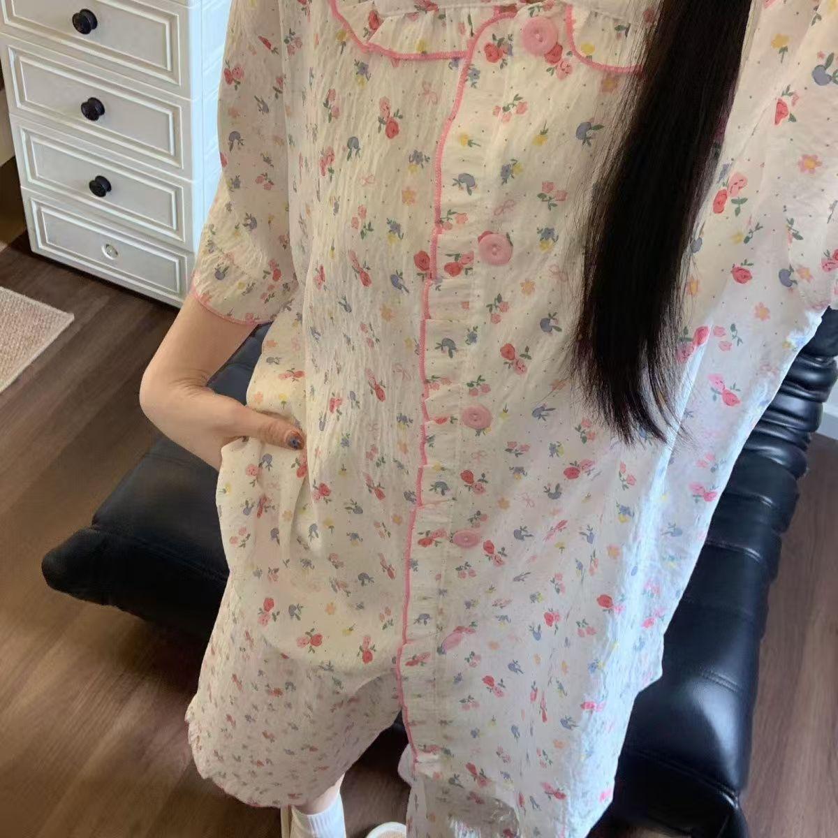

Sweet full print floral small fragrant pajamas women s summer doll collar lace two-piece set short-sleeved shorts loungewear S