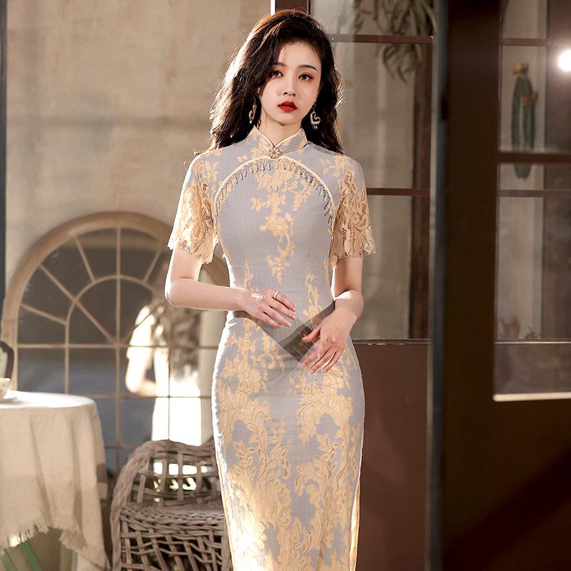 Podzimní retro cheongsam s dlouhou krajkou ve stylu Čínské republiky pro ženy - Šaty pro každodenní nošení