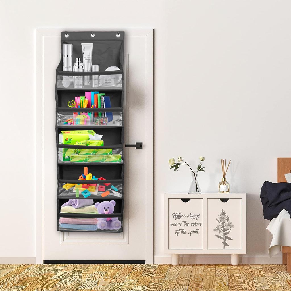 5-Shelf Over The Door Organizer Oxford Cloth Hanging Behind Door Shelf with 3 Hooks and Clear Window Large Capacity Storage Bag