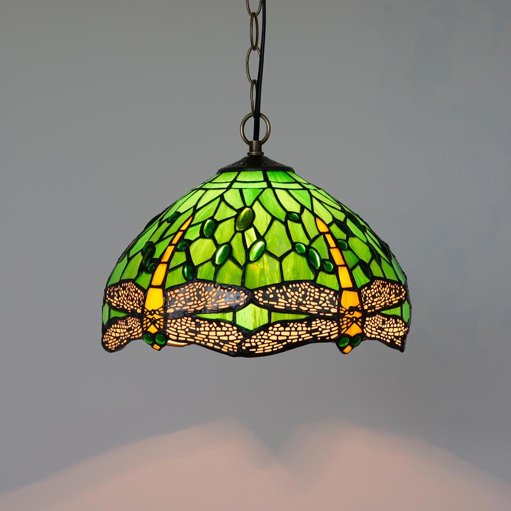 Artisan Handcrafted Color Glass Pendant Light with Peacock Dragonfly Leaf Pattern - Unique Handmade Lighting Fixture