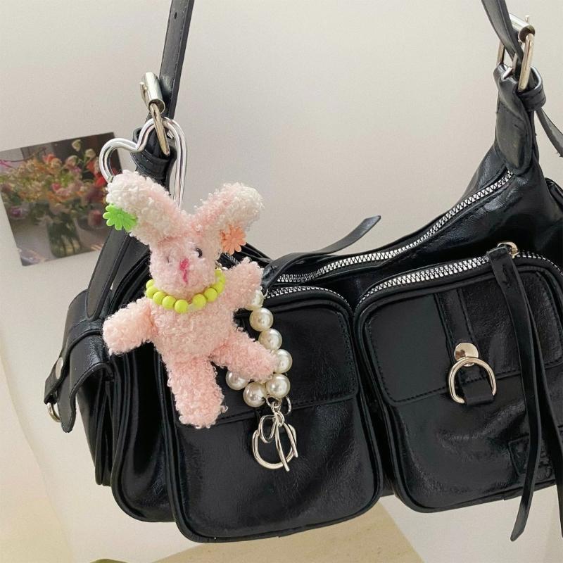 Playful Rabbit Bag Charm Double Use Phone Lanyard Soft Plush Pearls Clip Accessory Adorable Rabbit Keyring Decors