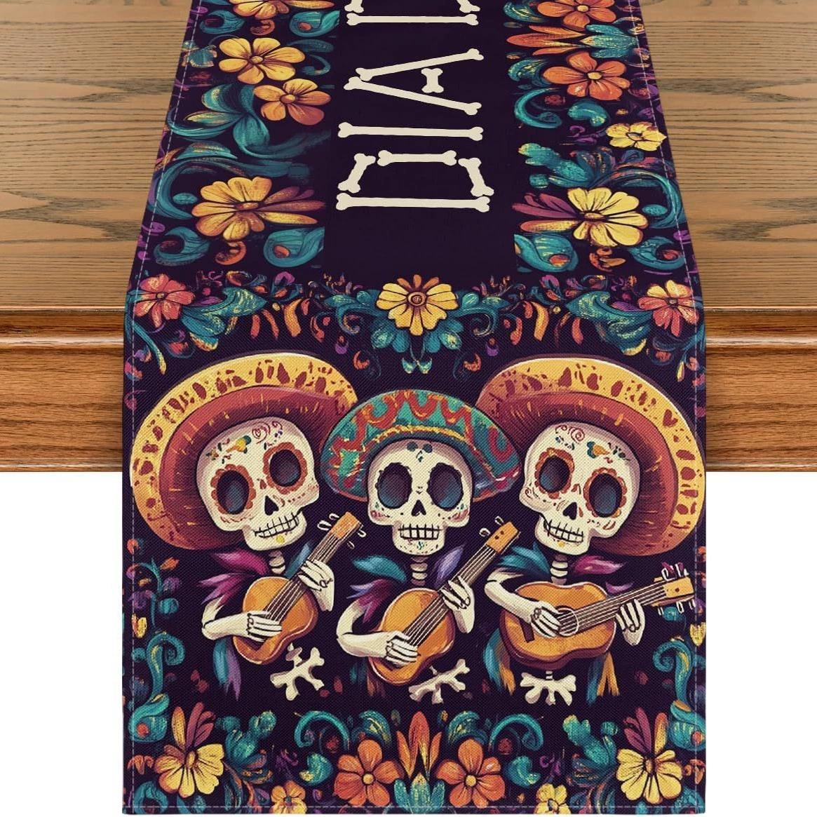 Chemin de Table Mexicain Serape Fiesta Jour des Morts Oiseau, Décoration de Table de Cuisine et de Salle à Manger Cinco de Mayo Jour des Morts 33x120cm