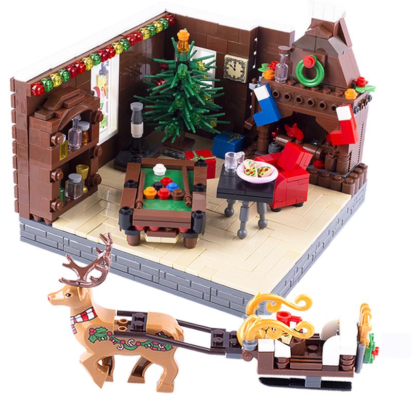 MOC Christmas Village House Building Blocks Sleigh Reindeer Tree Present Car Wreath Fireplace Gingerbread Man Bricks Toys Gift