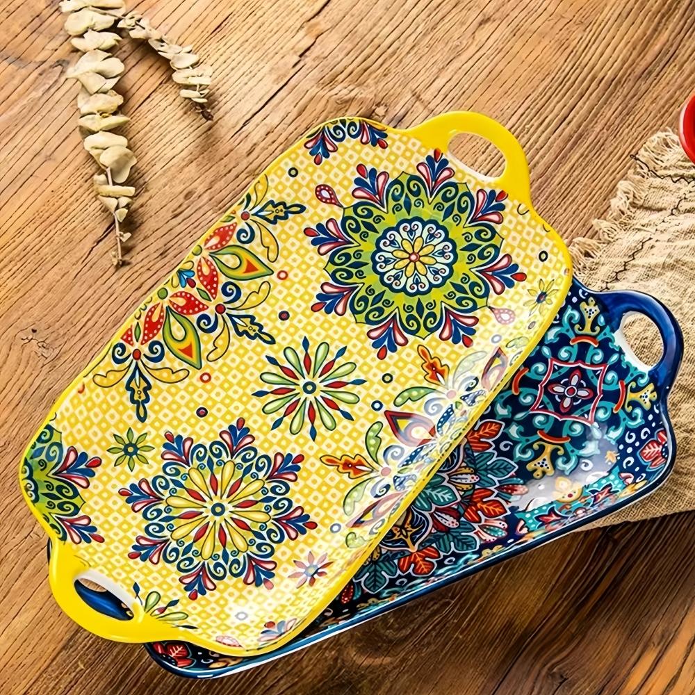 1pc Bohemian style ceramic fish dish with handle: 12.8-inch rectangular dining table tray, suitable for microwave and oven
