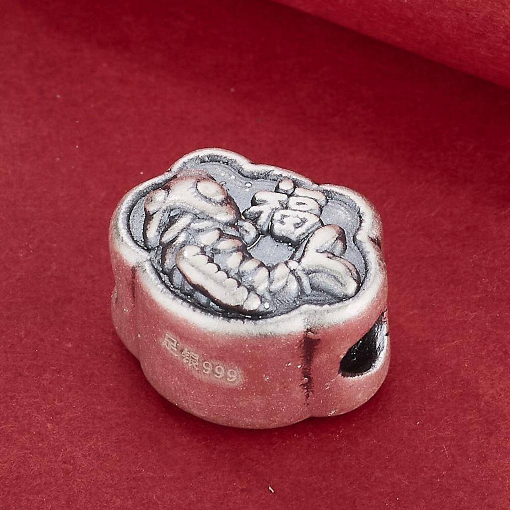 Sterling Silver 999 Koi Fish Luck Charm Spacer Bead for DIY Bracelets - Abundance Copper Coin Design.
