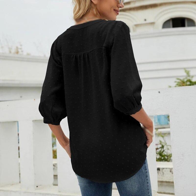 Women's Casual 3/4 Sleeve Henry Shirt V-Neck Button Down Chiffon Blouses Swiss Dot Blouse Pompom Loose T-Shirts Tops