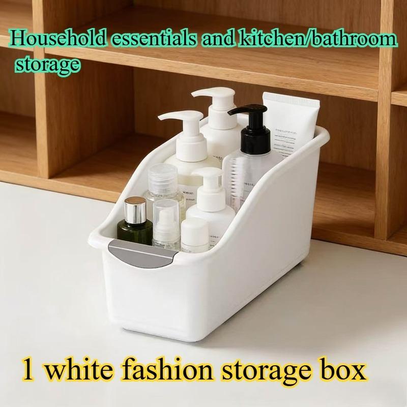 1pc Multi-functional Curved Design Storage Box, Fashionable White Plastic Storage Container, Heavy-Duty Kitchen Storage Basket