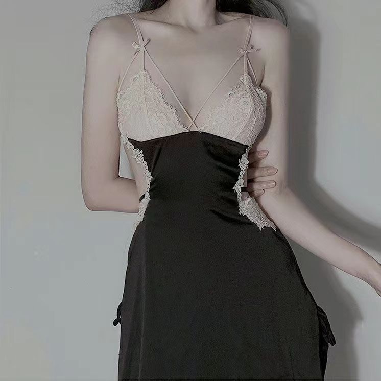 

Сексуальная розовая юбка на подтяжках с открытой спиной, ночная рубашка из прозрачного материала + искусственный шелк, сексуальная женская пижама с оборками и глубоким вырезом one size fits all