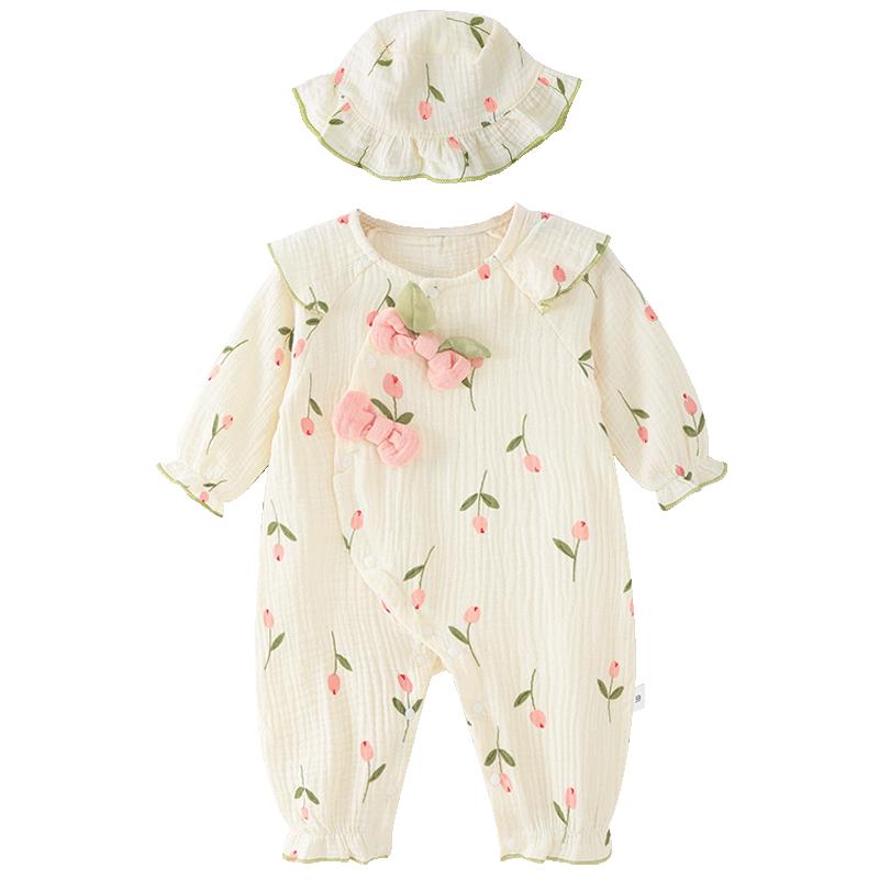 Youqi Baby Girl Princess Floral Long-Sleeve Romper with Hat 80