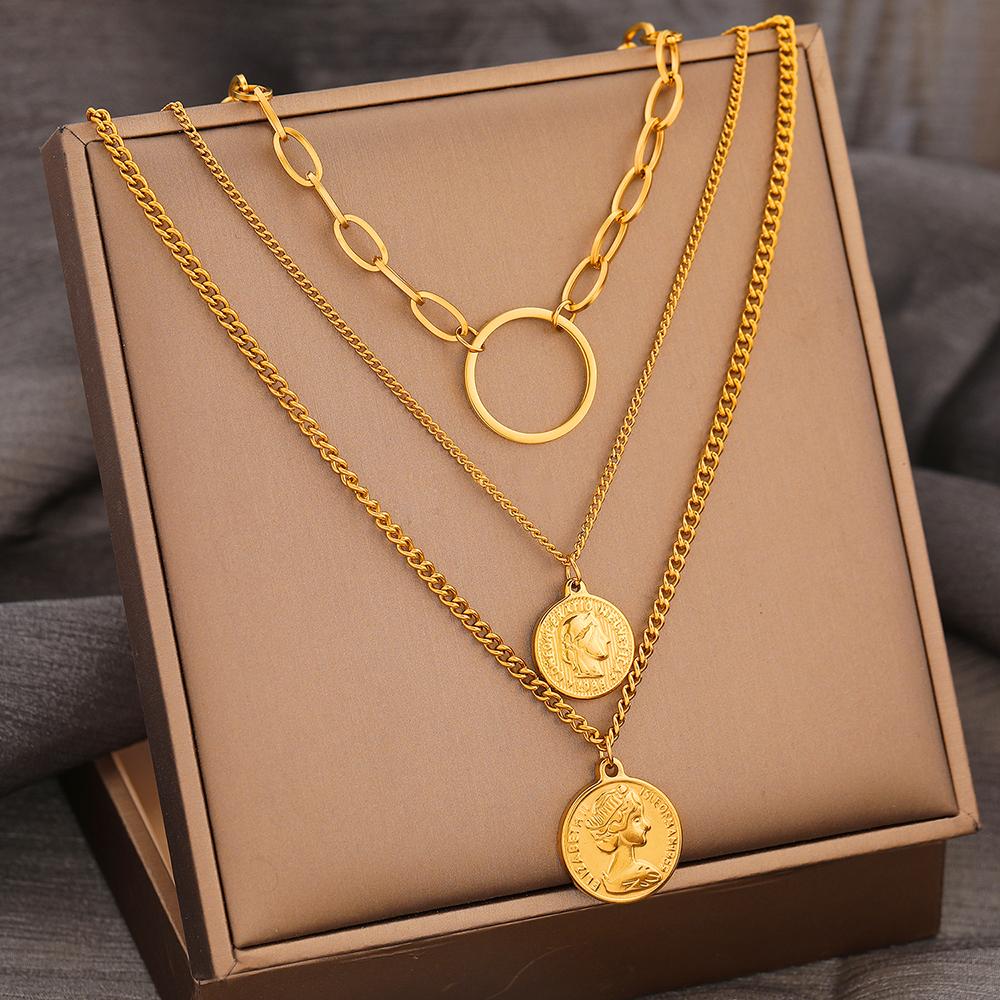 Gothic Queen's Portrait Coin Pendants Grunge Y2K Layer Chain Hip Hop Necklace Choker Stainless Steel Necklace For Women Zircon