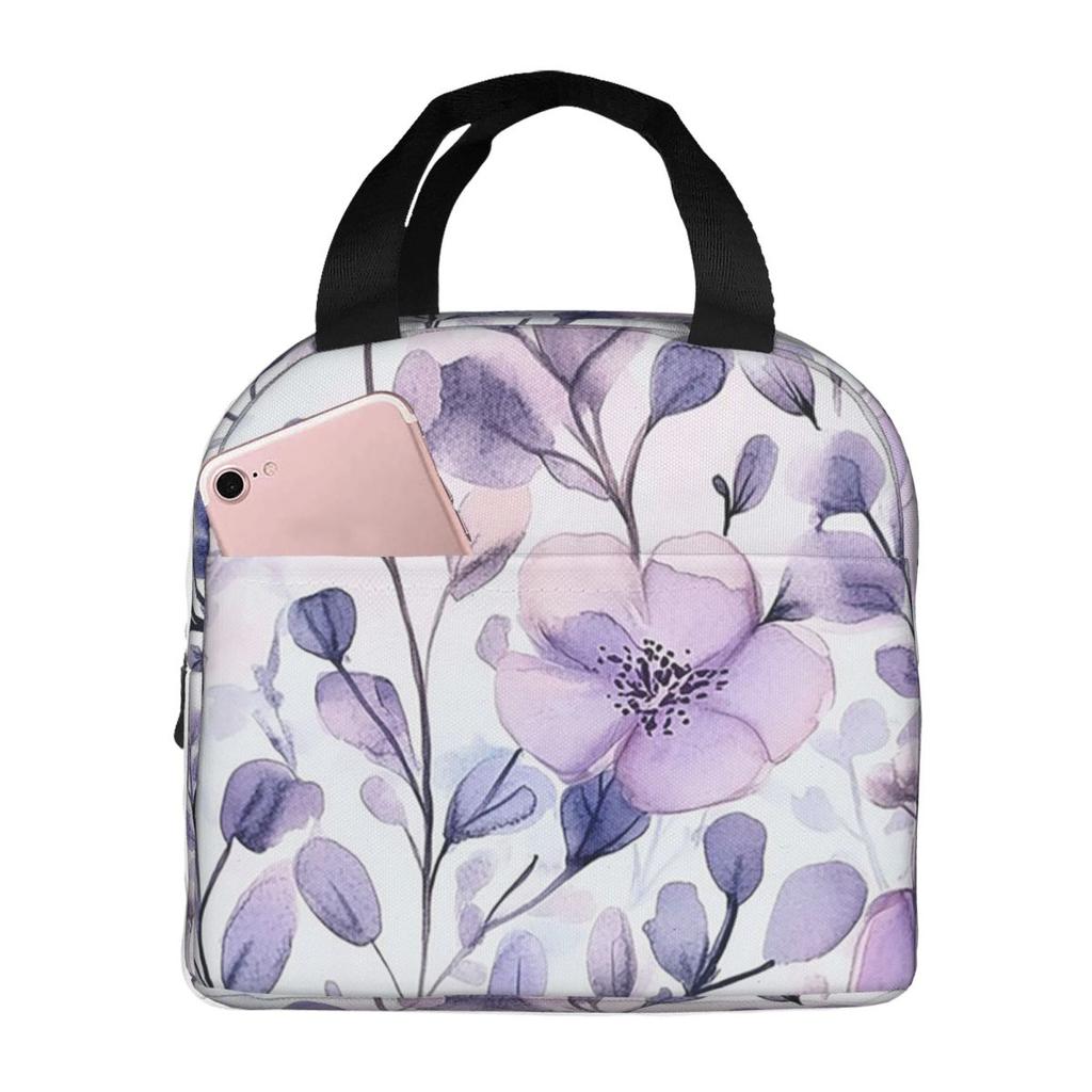 Light Purple Floral Pattern Insulated Lunch Bag for Women Children Portable Food Boxes Thermal Lunch Box Tote